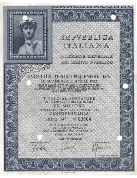 BTP POLIENNALI SERIE 14ESIMA - 1000000 LIRE ROMA 1978