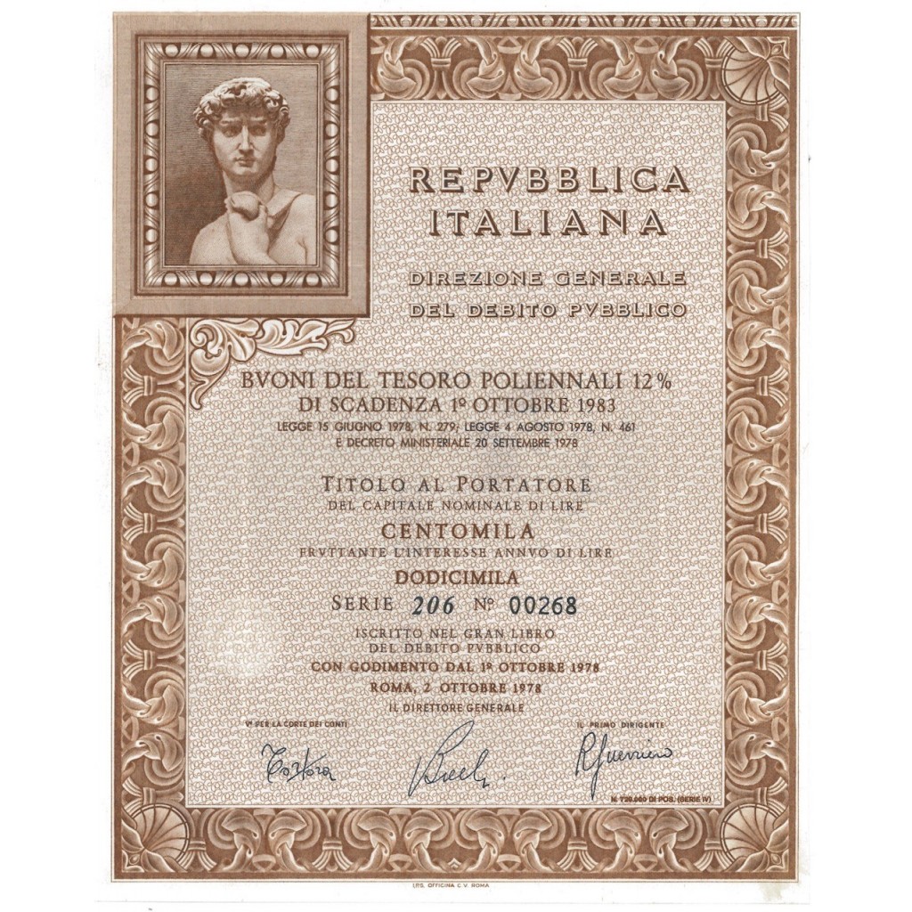 BTP POLIENNALI SERIE 206 100000 LIRE ROMA 1978