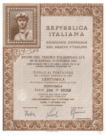 BTP POLIENNALI SERIE 206 100000 LIRE ROMA 1978