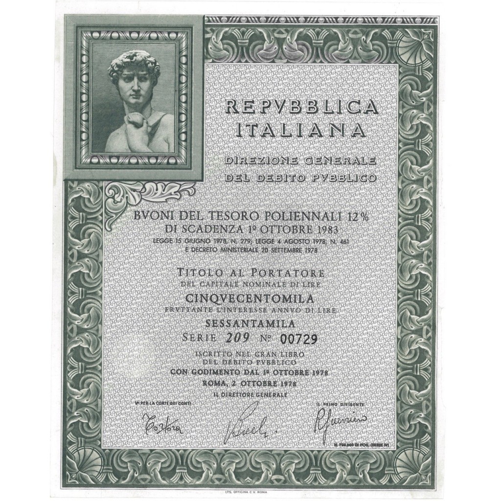 BTP POLIENNALI SERIE 209 500000 LIRE ROMA 1978