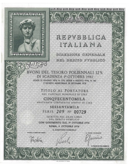 BTP POLIENNALI SERIE 209 500000 LIRE ROMA 1978