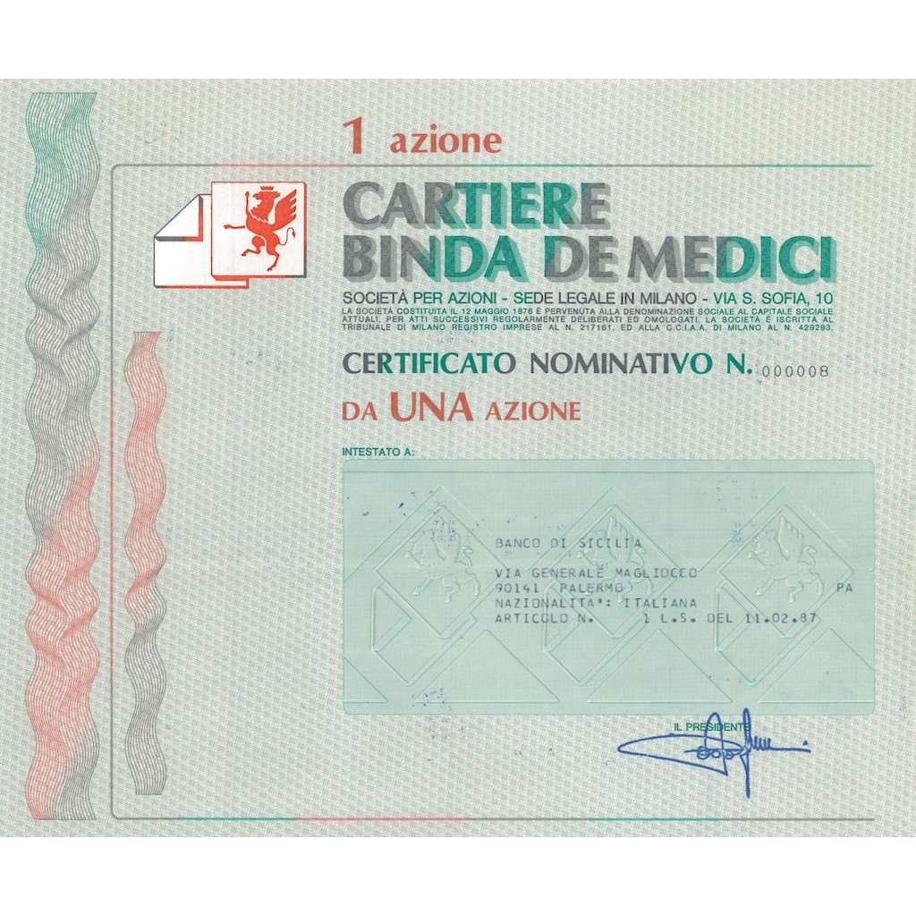 CARTIERE BINDA DE MEDICI 1 AZIONE - MILANO 1987