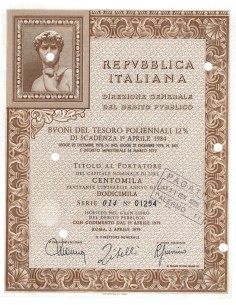 BTP POLIENNALI SERIE 014 100000 LIRE ROMA 1979