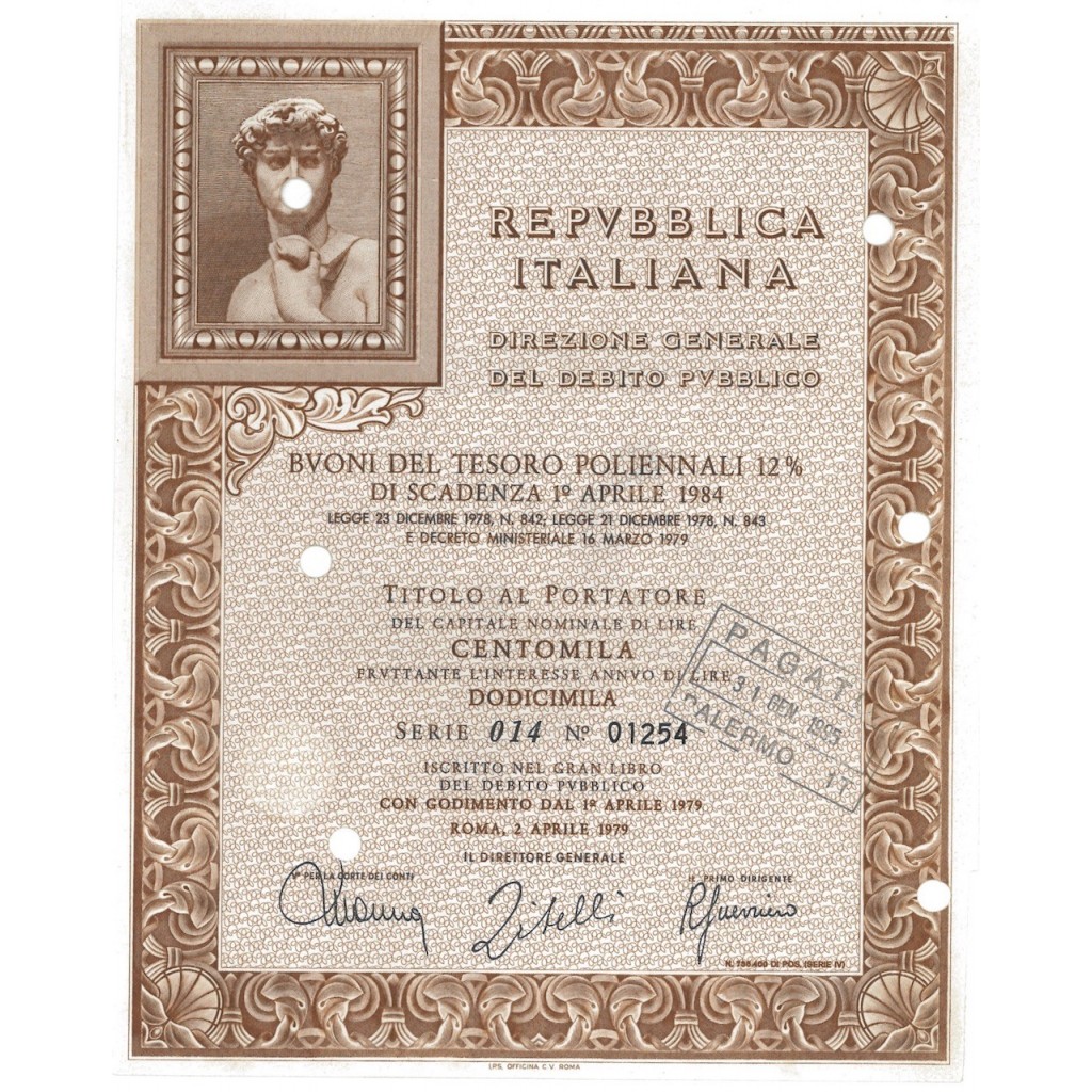 BTP POLIENNALI SERIE 014 100000 LIRE ROMA 1979