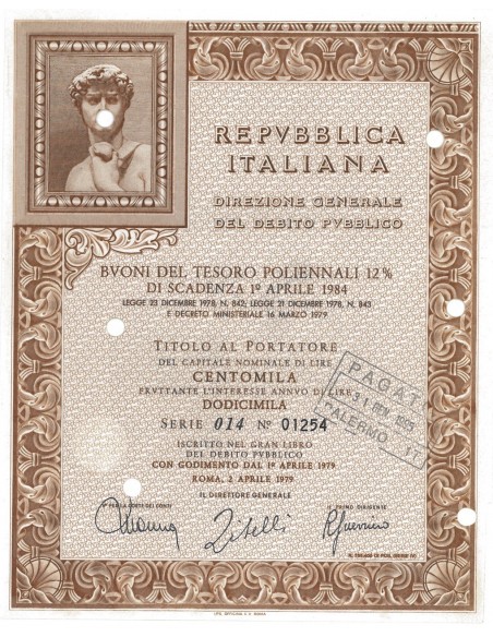 BTP POLIENNALI SERIE 014 100000 LIRE ROMA 1979