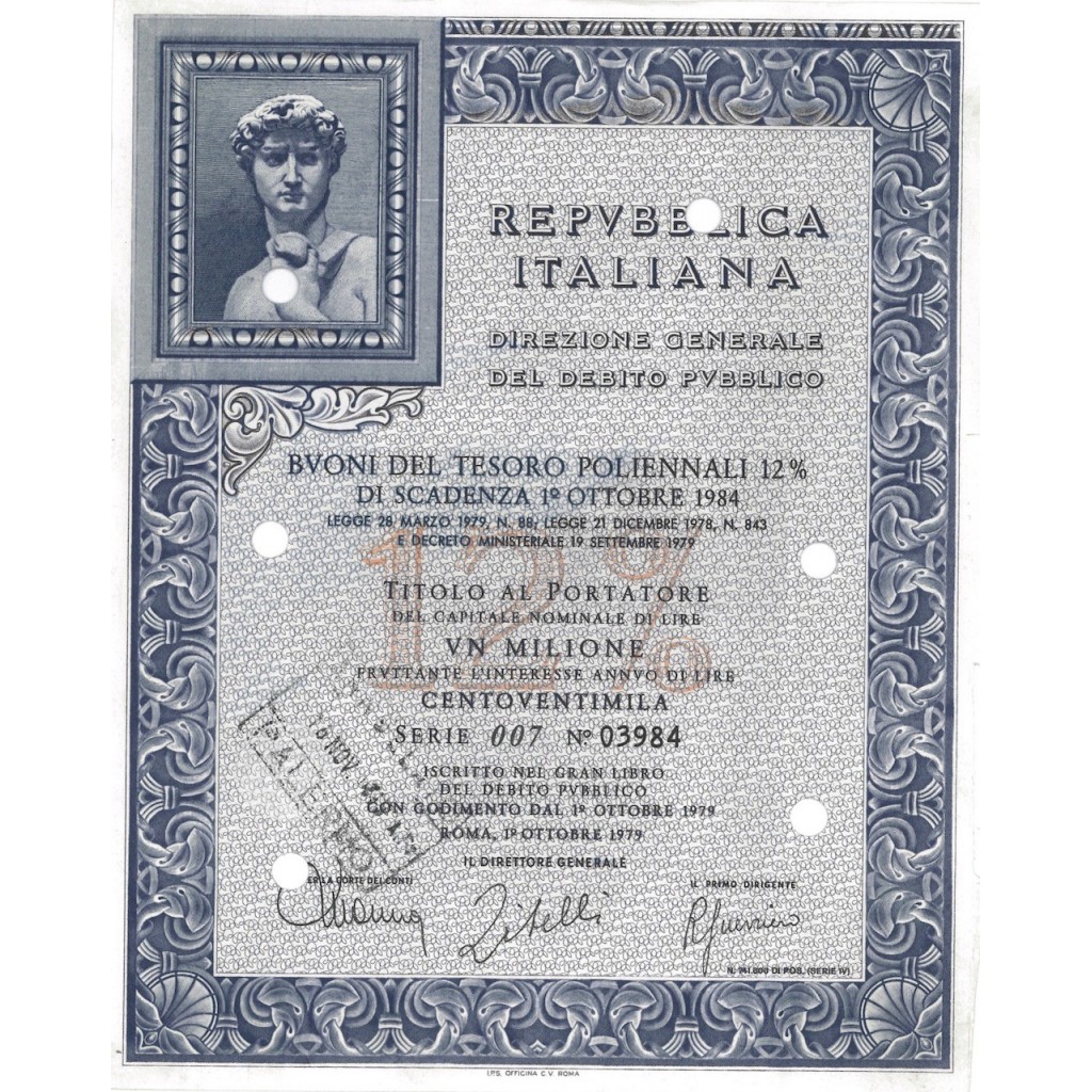 BTP POLIENNALI SERIE 007 1000000 LIRE ROMA 1979