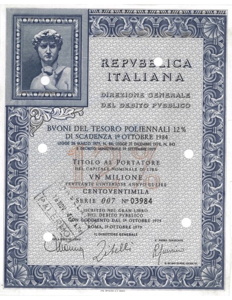 BTP POLIENNALI SERIE 007 1000000 LIRE ROMA 1979