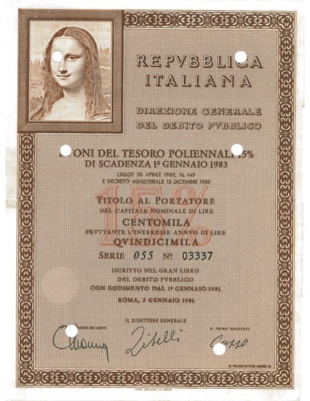 BTP POLIENNALI SERIE 055 100000 LIRE ROMA 1981