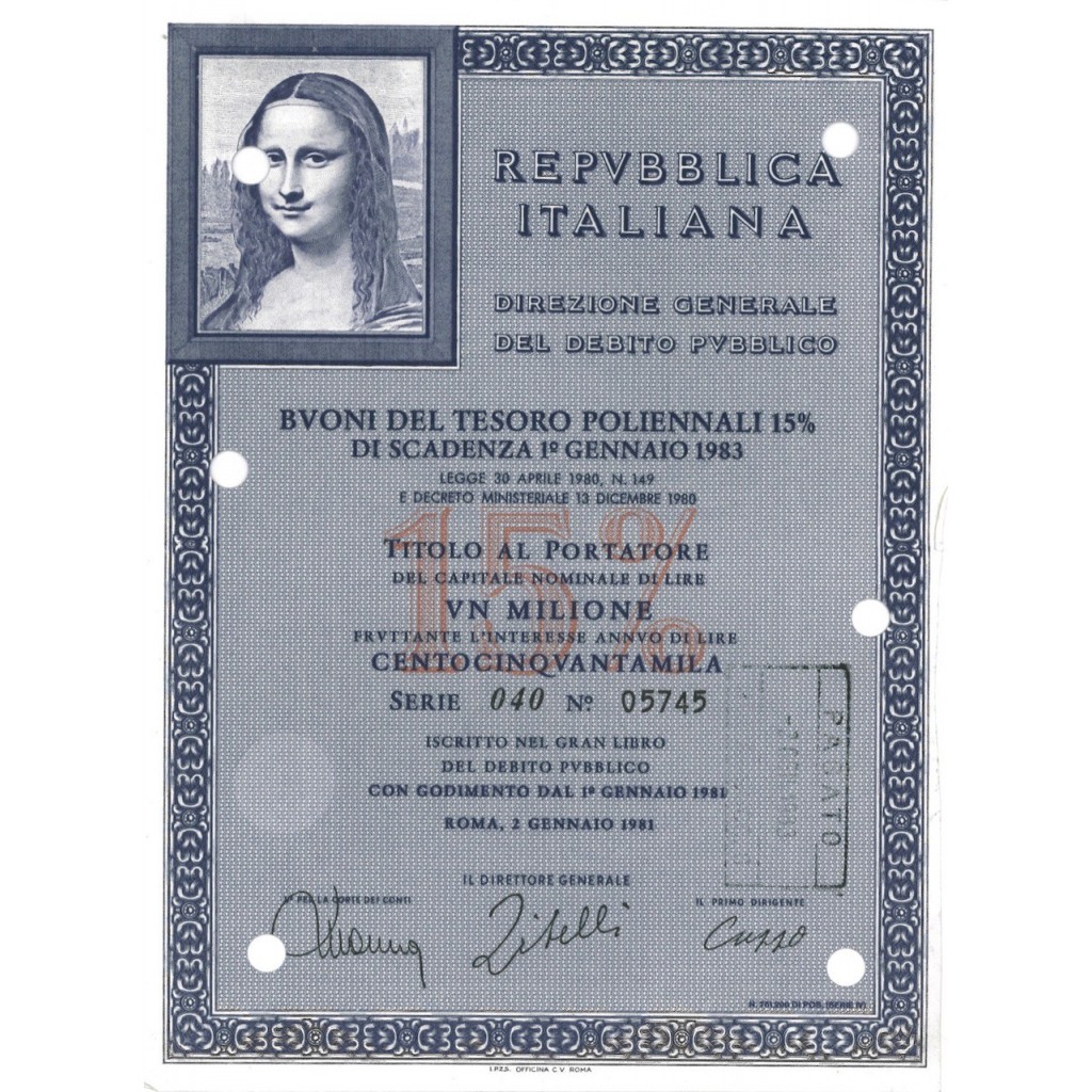 BTP POLIENNALI SERIE 040 1000000 LIRE ROMA 1981