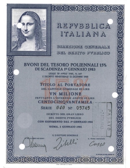 BTP POLIENNALI SERIE 040 1000000 LIRE ROMA 1981