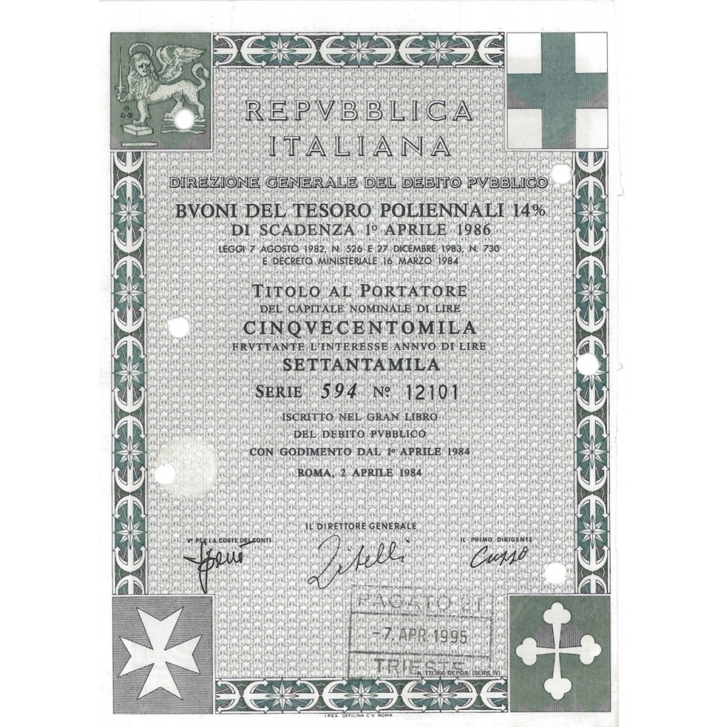BTP POLIENNALI SERIE 594 LIRE 500000 ROMA 1984