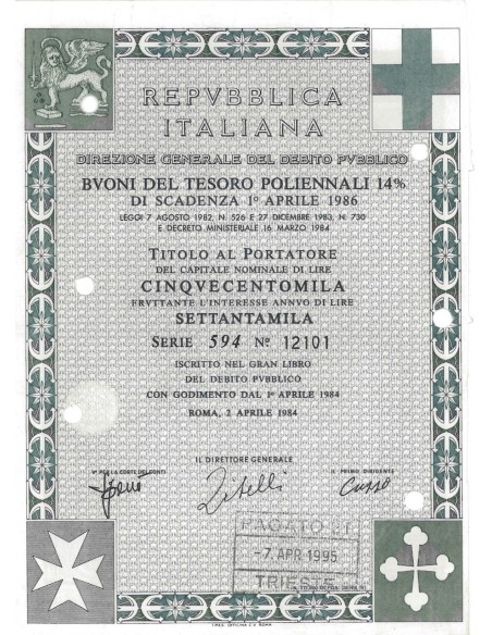BTP POLIENNALI SERIE 594 LIRE 500000 ROMA 1984