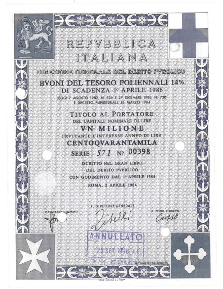 BTP POLIENNALI SERIE 571 LIRE 1000000 ROMA 1984