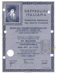 BTP POLIENNALI SERIE 003 LIRE1 MILIONE ROMA 1985