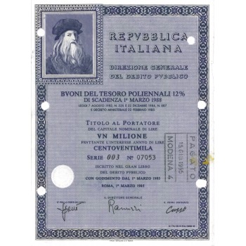 BTP POLIENNALI SERIE 003 LIRE1 MILIONE ROMA 1985