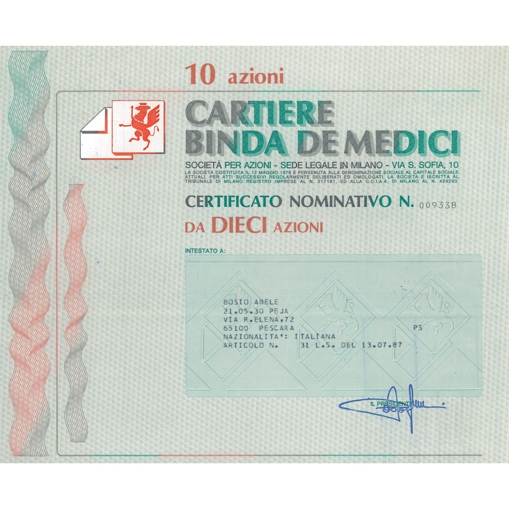 CARTIERE BINDA DE MEDICI 10 AZIONI - MILANO 1987
