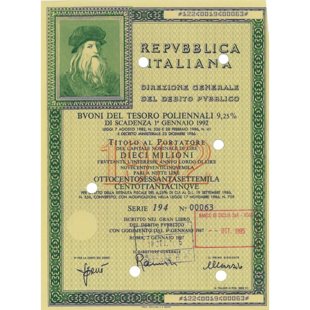 BTP POLIENNALI SERIE 194 LIRE 10 MILIONI ROMA 1987
