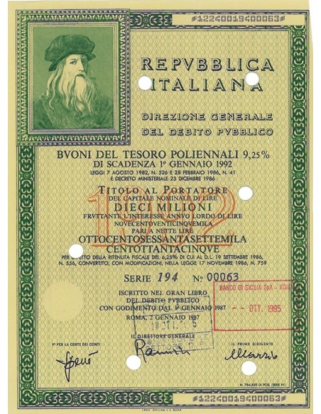 BTP POLIENNALI SERIE 194 LIRE 10 MILIONI ROMA 1987