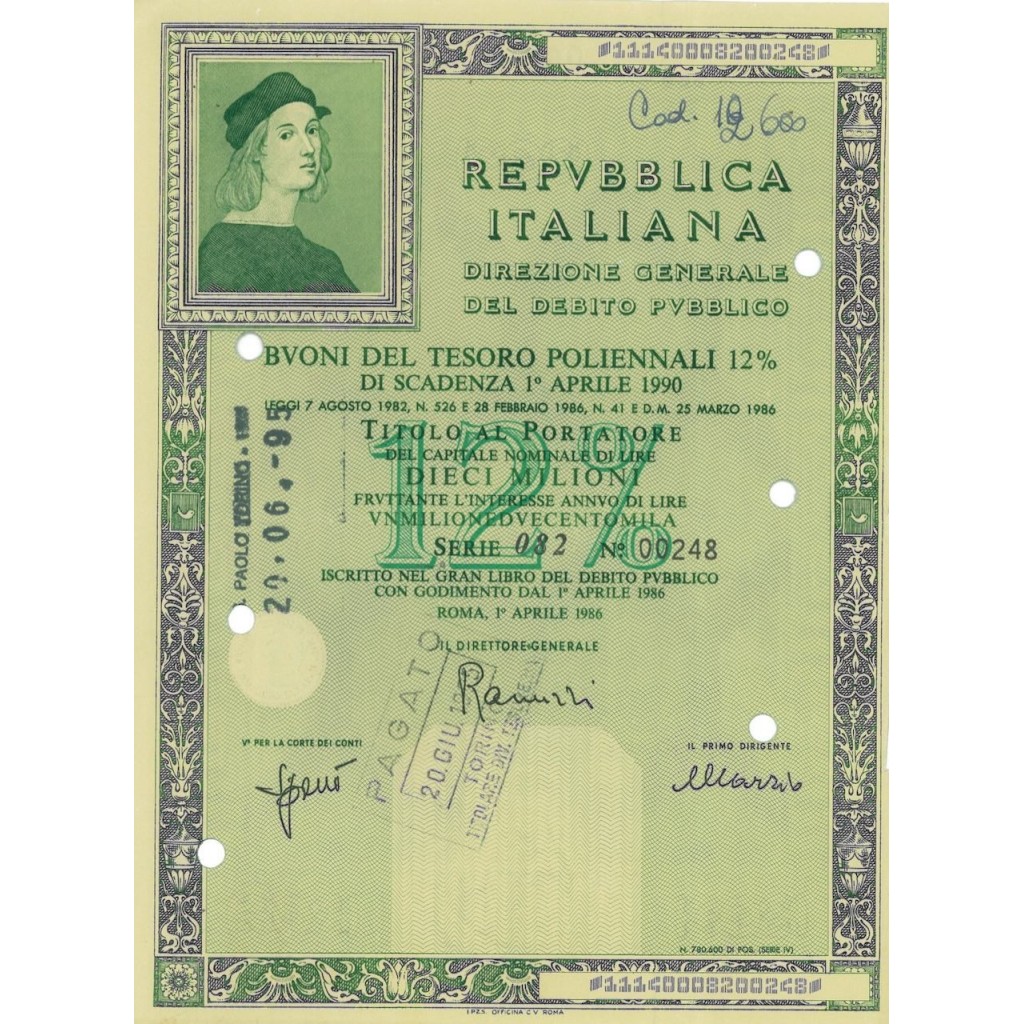 BTP POLIENNALI SERIE 082 LIRE 10 MILIONI ROMA 1986