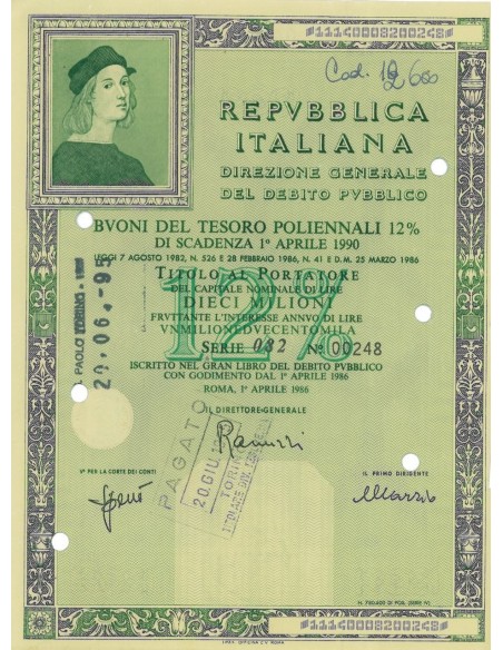 BTP POLIENNALI SERIE 082 LIRE 10 MILIONI ROMA 1986