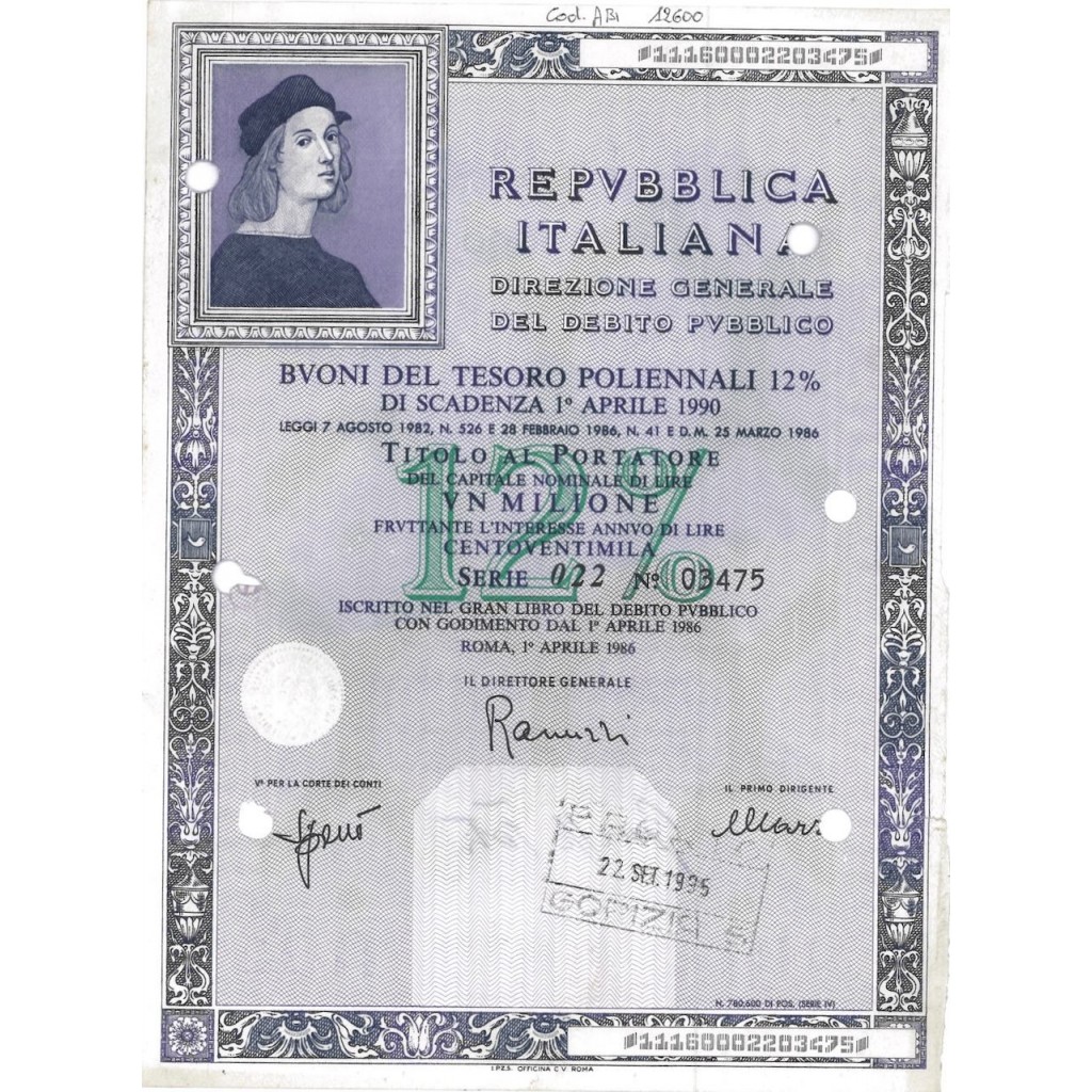 BTP POLIENNALI SERIE 022 LIRE 1 MILIONE ROMA 1986