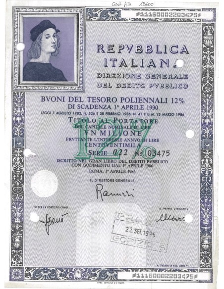 BTP POLIENNALI SERIE 022 LIRE 1 MILIONE ROMA 1986