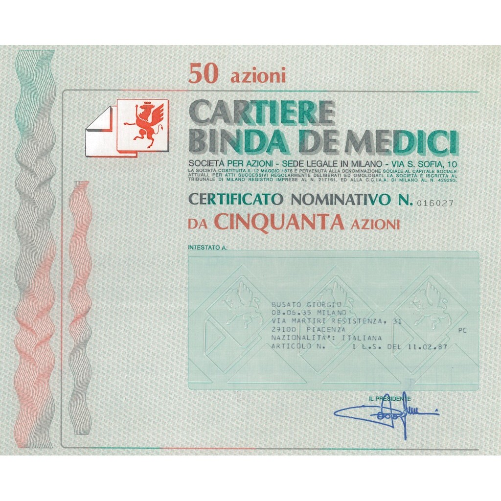 CARTIERE BINDA DE MEDICI 50 AZIONI - MILANO 1987
