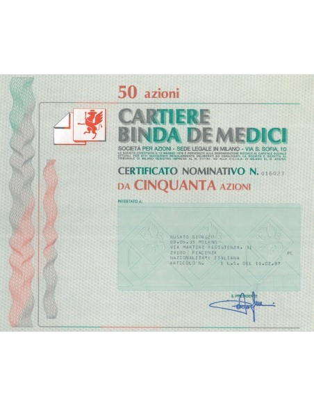 CARTIERE BINDA DE MEDICI 50 AZIONI - MILANO 1987