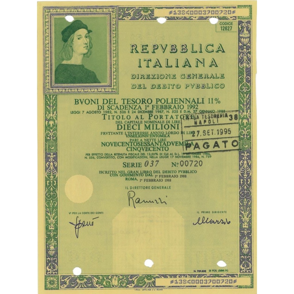 BTP POLIENNALI SERIE 037 LIRE 10 MILIONi ROMA 1988