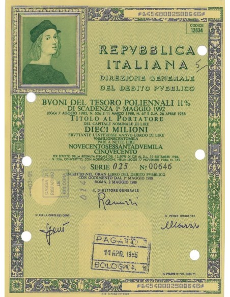 BTP POLIENNALI SERIE 025 LIRE 10 MILIONI ROMA 1988