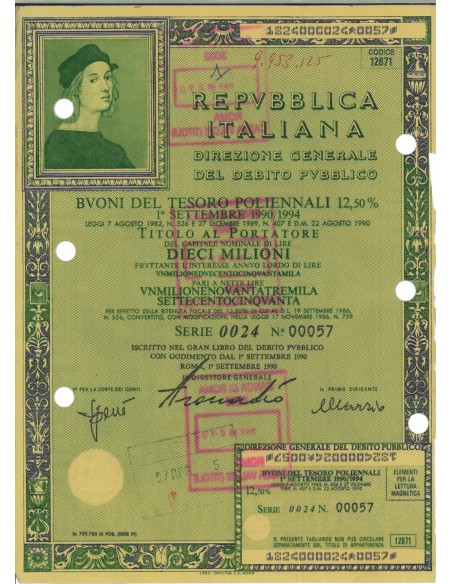 BTP POLIENNALI SERIE 0024 LIRE 10 MILIONI ROMA 1990