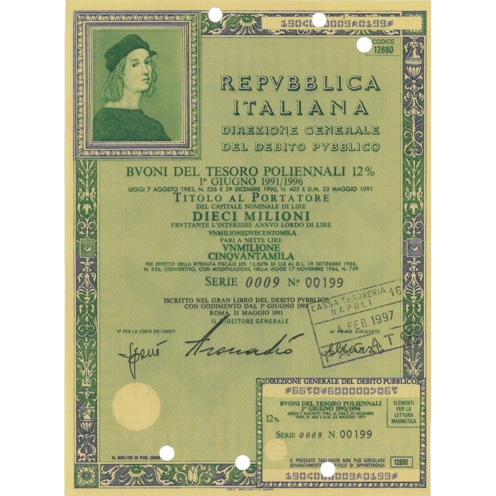 BTP POLIENNALI SERIE 0009 LIRE 10 MILIONI ROMA 1991