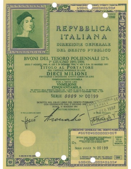 BTP POLIENNALI SERIE 0009 LIRE 10 MILIONI ROMA 1991