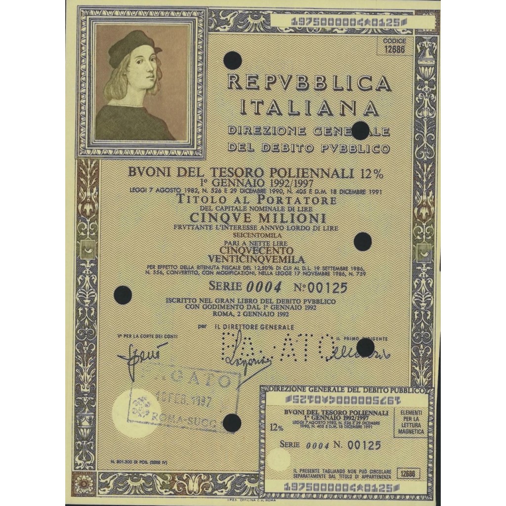 BTP POLIENNALI SERIE 0004 LIRE 5 MILIONI ROMA 1992