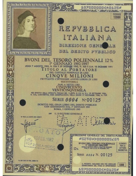 BTP POLIENNALI SERIE 0004 LIRE 5 MILIONI ROMA 1992