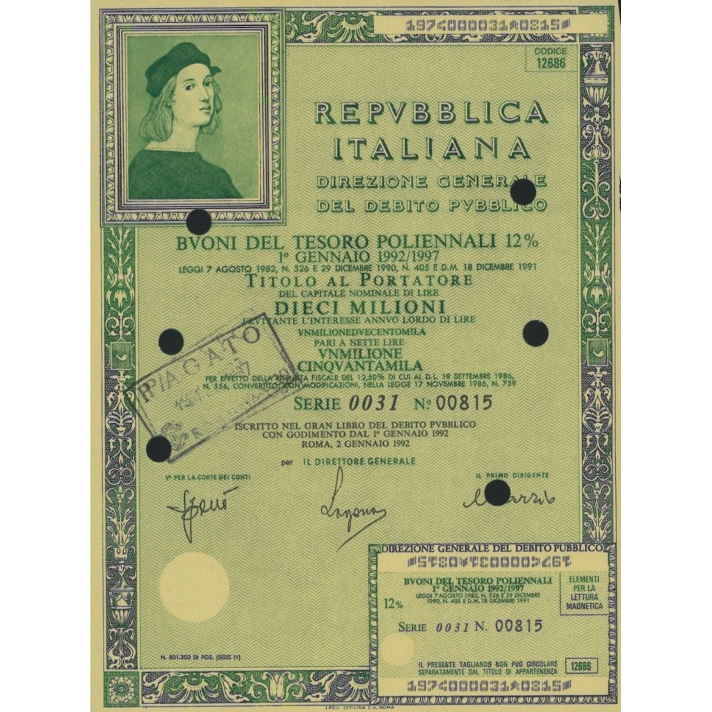 BTP POLIENNALI SERIE 0031 LIRE 10 MILIONI ROMA 1992