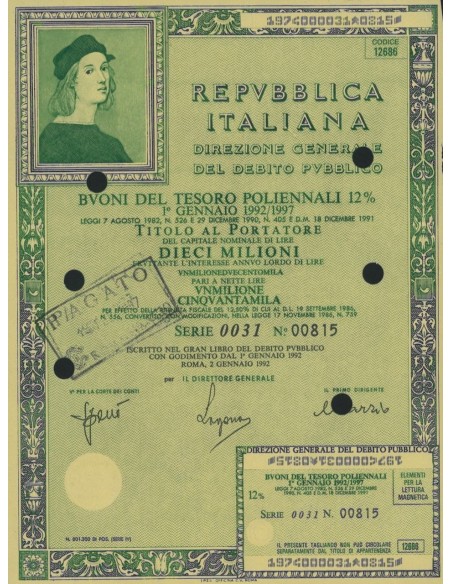 BTP POLIENNALI SERIE 0031 LIRE 10 MILIONI ROMA 1992