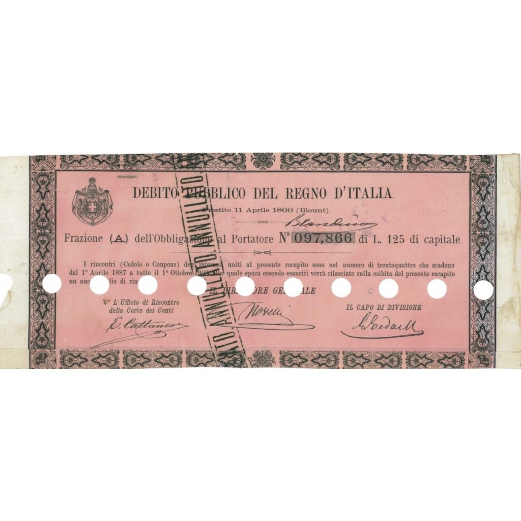 FRAZIONE DI UNA OBBLIGAZIONE - D. PUBBLICO REGNO D'ITALIA 1866