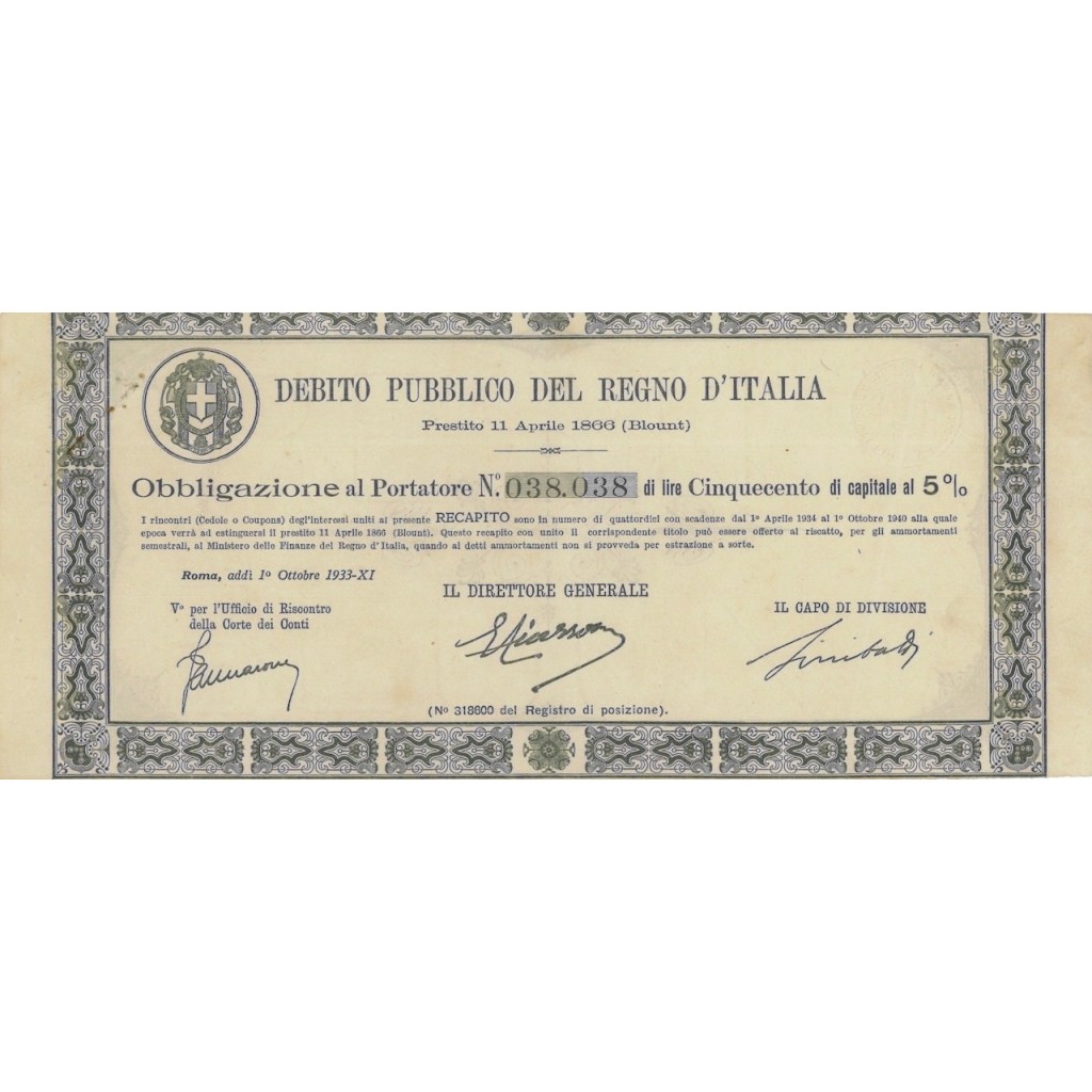 1 OBBLIGAZIONE - D. PUBBLICO REGNO D'ITALIA 1933
