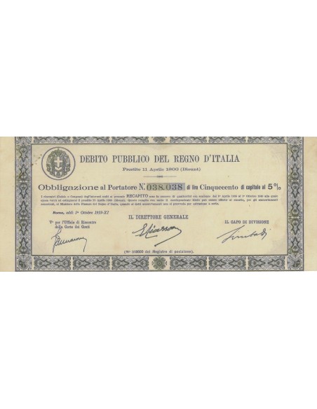 1 OBBLIGAZIONE - D. PUBBLICO REGNO D'ITALIA 1933