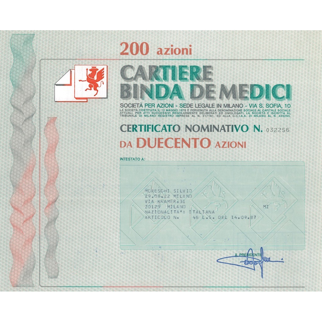 CARTIERE BINDA DE MEDICI 200 AZIONI - MILANO 1987