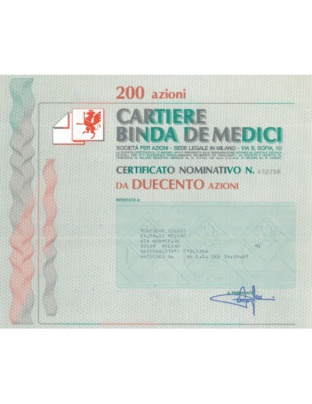 CARTIERE BINDA DE MEDICI 200 AZIONI - MILANO 1987