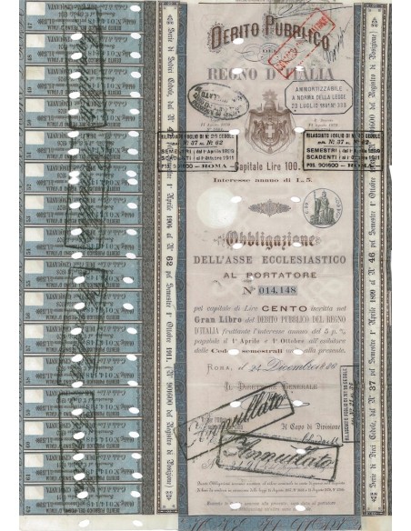 1 OBBLIGAZIONE ASSE ECCLESIASTICO D. P. REGNO D'ITALIA L. 100 1886