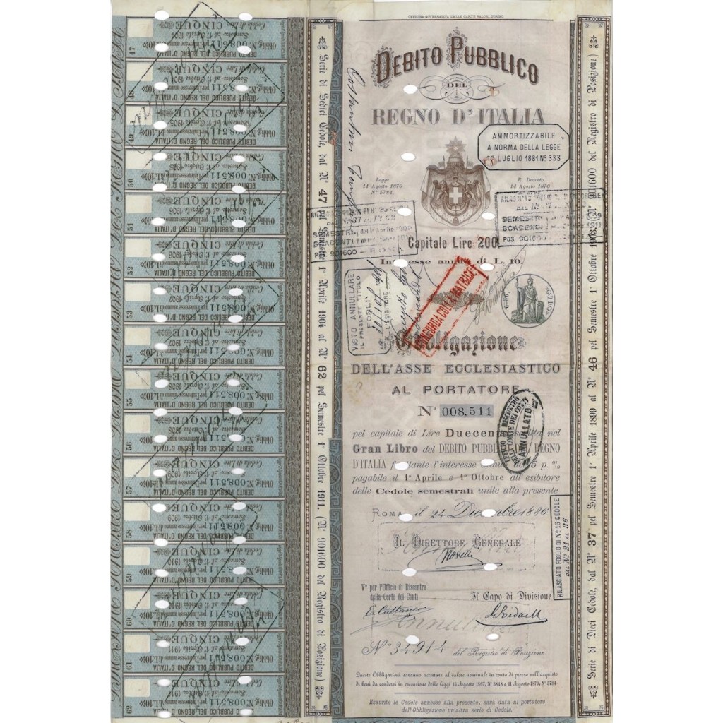 1 OBBLIGAZIONE ASSE ECCLESIASTICO D. P. REGNO D'ITALIA L. 200 1886