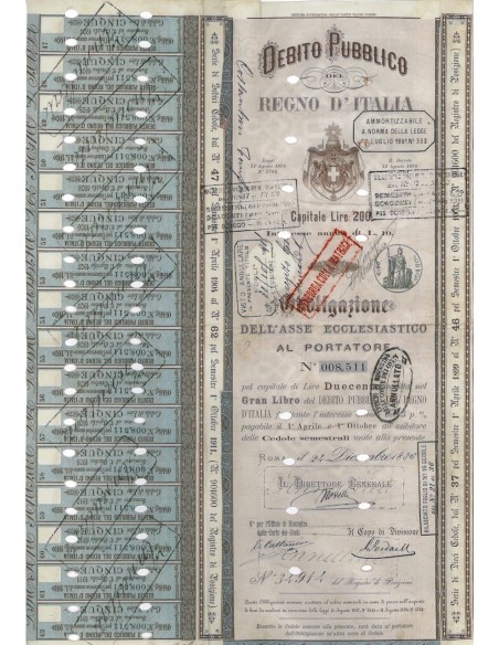 1 OBBLIGAZIONE ASSE ECCLESIASTICO D. P. REGNO D'ITALIA L. 200 1886