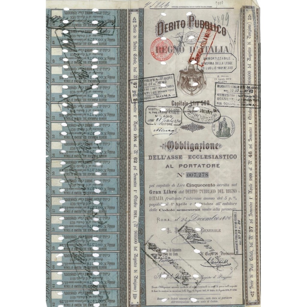 1 OBBLIGAZIONE ASSE ECCLESIASTICO D. P. REGNO D'ITALIA L. 500 1886