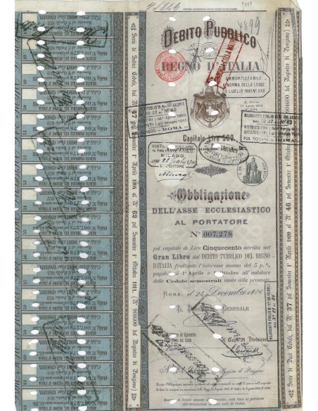 1 OBBLIGAZIONE ASSE ECCLESIASTICO D. P. REGNO D'ITALIA L. 500 1886