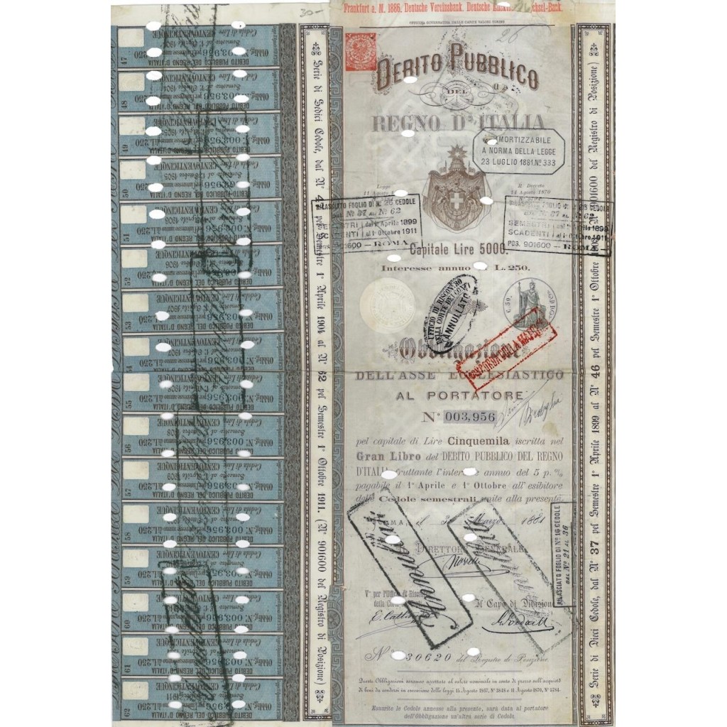 1 OBBLIGAZIONE ASSE ECCLESIASTICO D. P. REGNO D'ITALIA L. 5000 1881