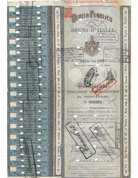1 OBBLIGAZIONE ASSE ECCLESIASTICO D. P. REGNO D'ITALIA L. 5000 1881