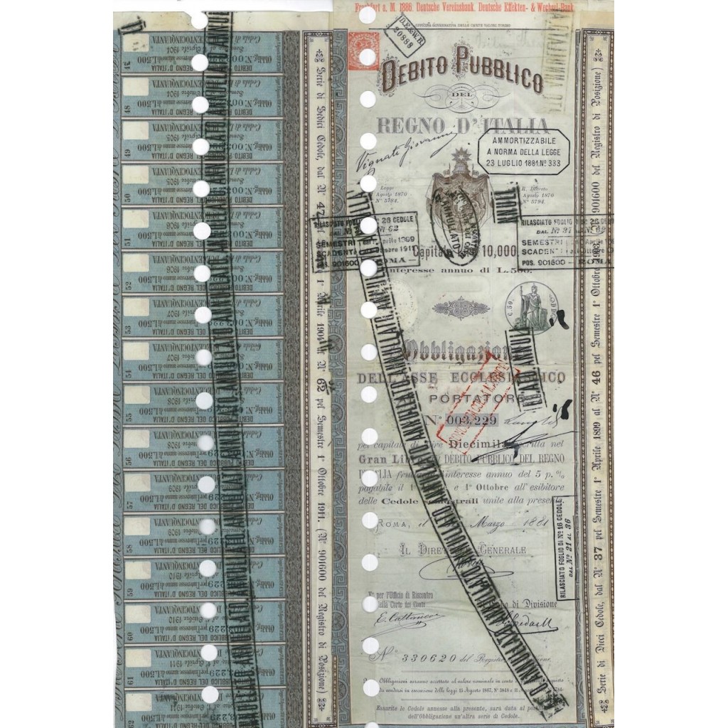 1 OBBLIGAZIONE ASSE ECCLESIASTICO D. P. REGNO D'ITALIA L. 10000 1881